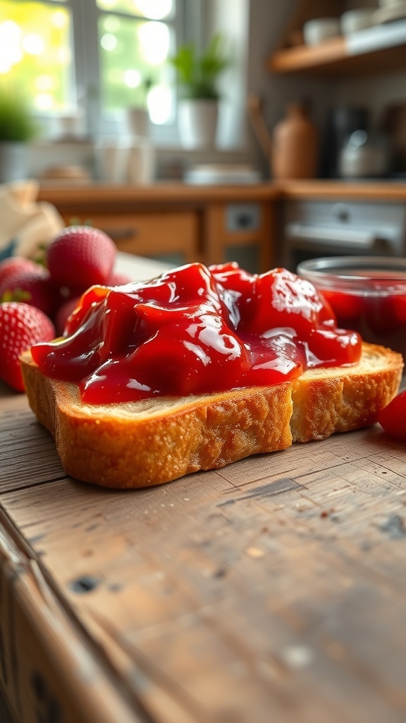 Classic Toast with Jam Recipe Golden toast with strawberry jam on a wooden table with fresh strawberries.